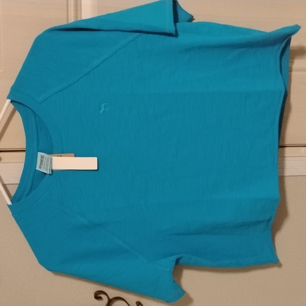 💕NWOT VS PINK Oversized Teal Cropped Logo Tee w Raw Hems Size Small